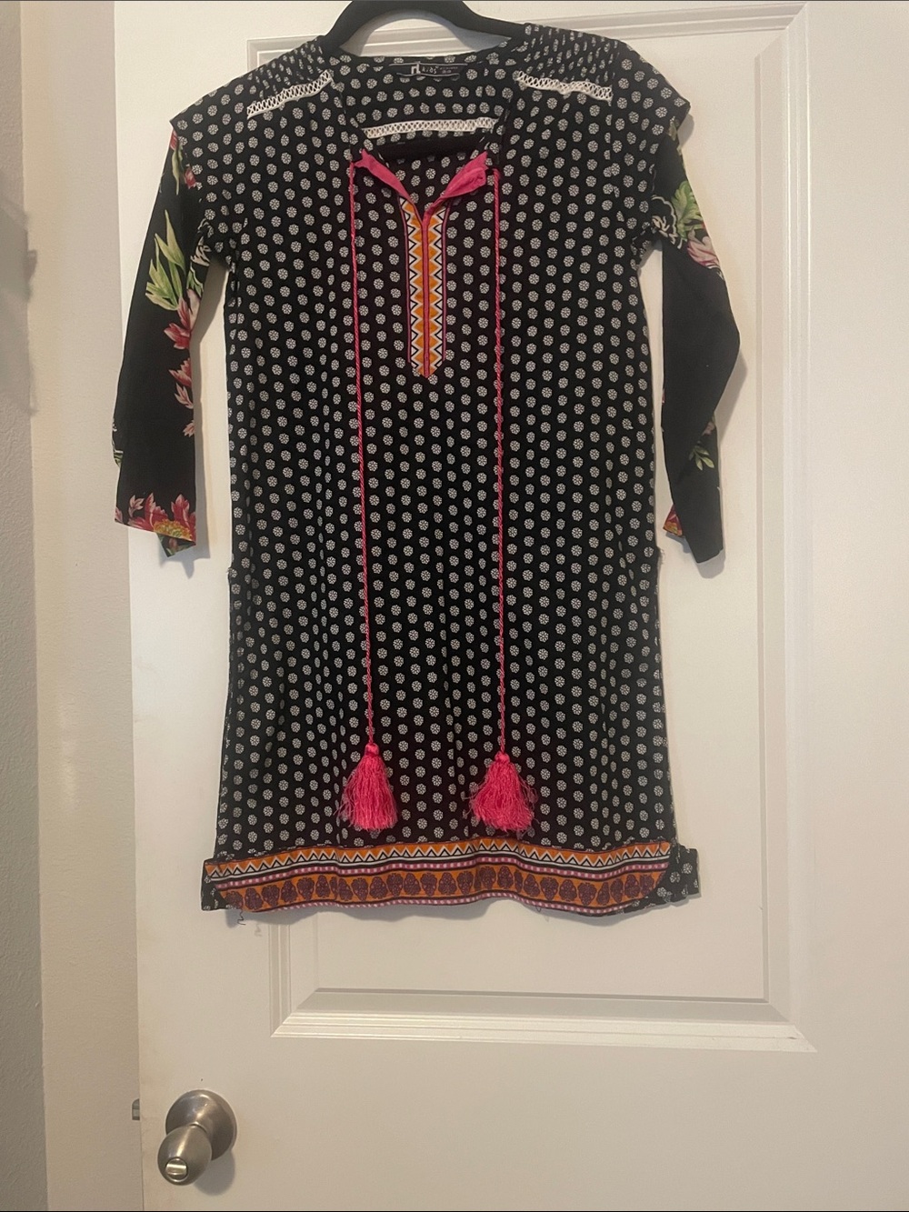 Princess Polly Black Polka Dot Long Sleeve Tassel Dress with Pink Accents